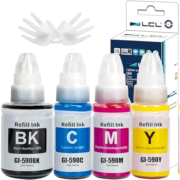 LCL Drukarka do butelek atramentowych kompatybilna z GI-490 GI-590 GI-590BK GI-590C GI-590M GI-590Y (4-PK, 1K Pigment 135 ML, CMY Dye 70 ml) Zamiennik do Canon PIXMA G1000 G1400 G1500 G2000 G2400
