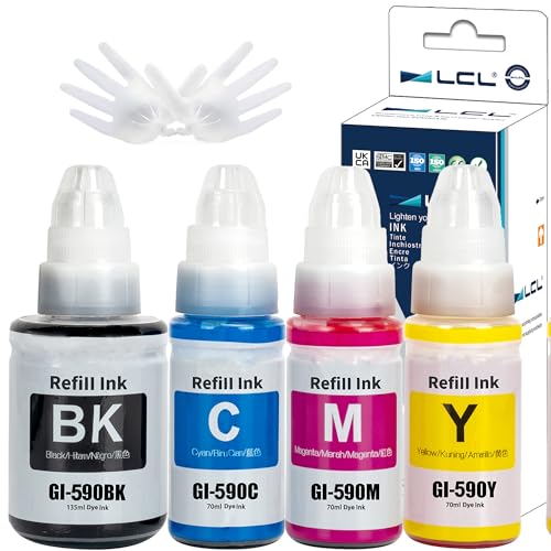 LCL GI490 GI590 Tinta Compatible para Canon 590 GI-590 GI-490 Botella de Tinta Multipack Compatible para Canon PIXMA G1000 G1400 G1500 G2000 G2400 G2500 G3000 G3400 G3500 G4500 (KCMY,4-Pack) ✅