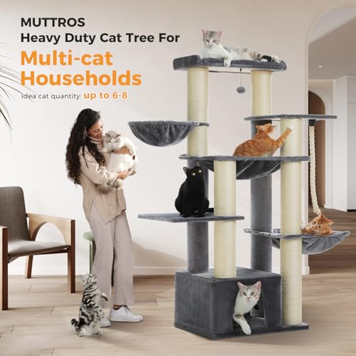 Image of MUTTROS Large Cat Tree for Maine Coon - 67 inch Tall Cat Tower with 7 Thick (φ4.3) Scratching Posts, XXL Cat Condo with Super Large Perch & Cozy Hammocks, Engineered for Big Cats (20+ lbs) - Gray