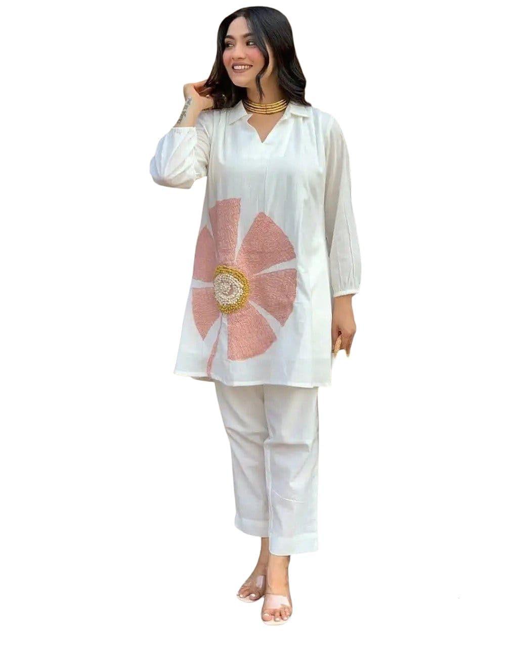 White cotton co- odr set with pink floral design (L)