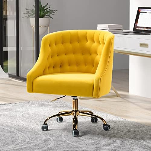 Velvet Home Office Chair with Gold Base, Comfortable Modern Cute Desk Chair, Adjustable Swivel Task Chair for Living Room Bedroom Vanity Study, Yellow