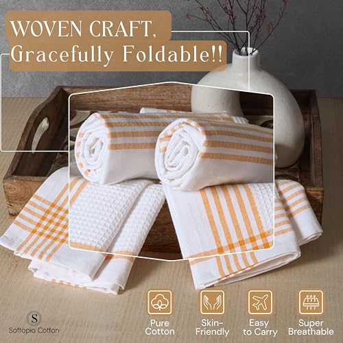 Image of Waffle White & Mustard Yellow Set of 4 Kitchen Towels, 100% Cotton, 16x26 inches, Soft and Durable Dish Towel, Quick Dry Dishcloths, Ideal for Drying Dishes, Cleaning, Wiping