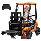 FORESEE 12V Kids Forklift Ride on with Tent, Toddler Ride on Forklift Toy with Lifting Pallet, Remote Control, Kids Ride On Construction Car, Yellow
