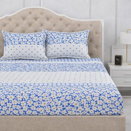 Image of 300 TC Cotton Feel Glace Cotton Elastic Fitted Bedsheet for King Size Double Bed | Fits up to 8 Inch Mattress | Printed Bedsheet with 2 Pillow Covers (White Lily, Queen Size - 60 inchx78 inch)