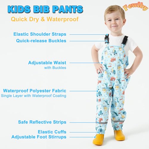 Image of Toddlers Waterproof Rain Bib Pants, Boys Girls Rain Pants Kids Cartoon Rain Trousers Lightweight Mud Pants Rainwear
