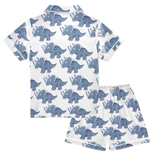 Cartoon Triceratops Pattern Summer Satin Pajama Set, Cute Button-Down Sleepwear Pj Set for Sleep Wears2