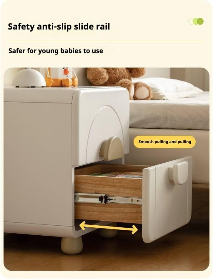 GVAwood Rubber Wood Solid Wood Kids Nightstand. 15.7x13.7x17.7 inch / 40x35x45cm / Warm White Color/Children's Bedside Table Pink Handle Legs