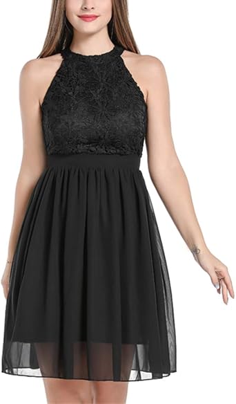 Amazon.com: Shin Fashion Vestido de dama de honor negro con encaje floral  elegante halter hasta la rodilla : Ropa, Zapatos y Joyería