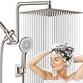 Shower Head Brushed Nickel, Upgraded 12" Rain Shower Head with 12" Flexible Curved Shower Extension Arm and High Pressure 4 Setting Handheld Shower Head Combo, Built-in Power Wash, 60’’ Shower Hose