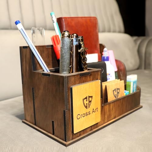 Image of Teak Wood Personalized Gold Pen Stand With Name, Table Watch, Calendar, Stationery & Wooden Desk Organizer Custom Corporate Gift For Doctors, Office, Study, New Year Gift For Employees (PS 002)