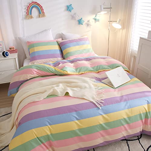 Aojim Cartoon Duvet Cover Rainbow Pure Cotton Cute Bedding Set 3 Pcs Colorful Stripes Comforter Cover Twin Size For Girls Women (No Comforter) #TOP1