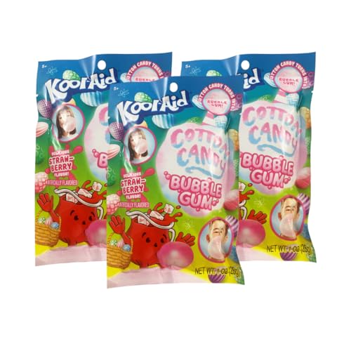 Kool-Aid Cotton Candy Bubble Gum - Pack of 3 - Strawberry - Cotton Candy Turns To Gum As You Chew! - Easter Egg & Basket Fillers - 1oz. Bags