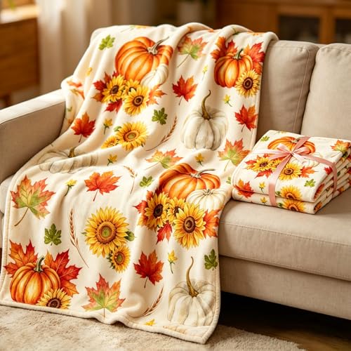 YYSWSAKY Herbst Kürbis Decke für Zuhause - Thanksgiving Erntezeit Dekor mit Kürbis Ahornblatt Sonnenblumenmuster Flanell Geschenk Decke Romantische Weiche Kuscheldecke für Bauernhof Stuhl Nach