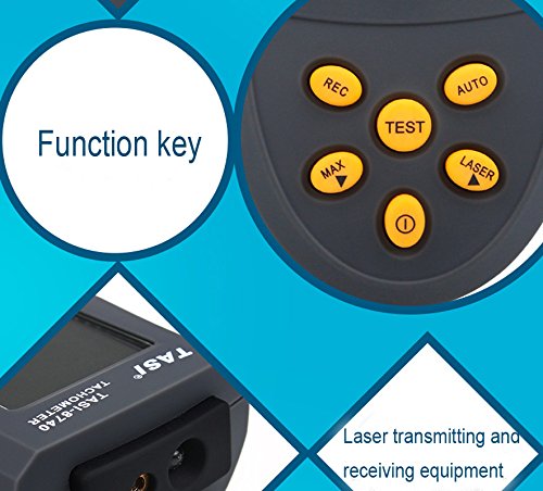 Close-up of the TC TASI-8740 tachometer's function keys and laser components