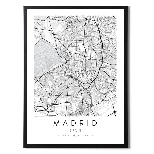 State Media Vision Cuadro Mapa Madrid Ciudad Mundial Póster Conjunto Individual - Impresión Minimalista para Dormitorio o Sala de Estar - Arte de Pared en Blanco y Negro de Madrid (Madrid, Impresión