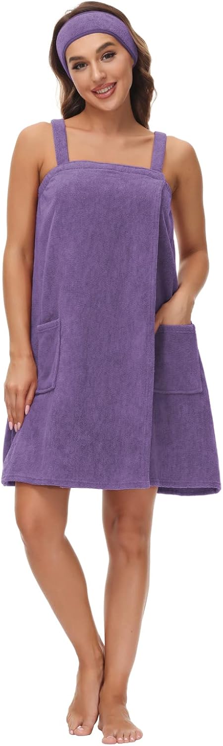 Women's Bath/Shower Wrap Towel Adjustable Straps Lightweight Knee Length Bathrobe Wrap Shower Robes with Headband