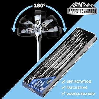 Mountain RF7 SAE Reversible Double Raised Box Ratcheting Wrench Set, Universal Spline, 90 Tooth Design, 180 Degree Rotating Head, Sizes 5/16", 3/8", 7/16", 1/2", 9/16" 5/8", 11/16", 3/4", 4-Piece