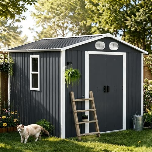 Image of KEIKI 8x6 FT Outdoor Storage Shed, Heavy Duty Metal Garden Shed with Lockable Sliding Doors, Air Vents & Sloped Roof, Waterproof Backyard Tool Shed for Lawn Equipment, Patio Furniture, Dark Gray