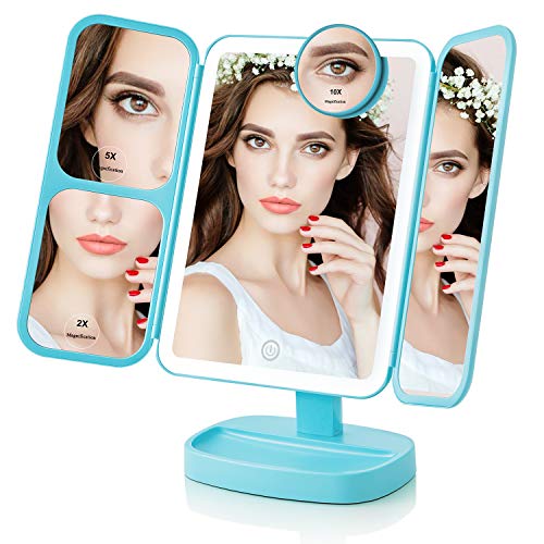EASEHOLD Makeup Vanity Mirror with 38 Bright LEDs Soft Natural 1X/2X/5X/10X Magnifying Ultra-Thin Stable Base Portable 180 and 90 Rotation Touch Screen Dual Power Supply Upgraded Version III