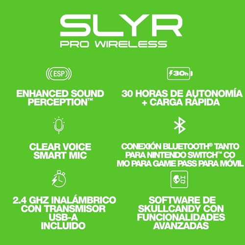 Skullcandy SLYR Pro Wireless Multi-Platform Over-Ear Gaming Headset with Ultra Low Latency USB-A Transmitter, Compatible with Xbox, PC, Nintendo Switch or Playstation - Black/Green 7 Skullcandy SLYR Pro Wireless Multi-Platform Over-Ear Gaming Headset with Ultra Low Latency USB-A Transmitter, Compatible with Xbox, PC, Nintendo Switch or Playstation - Black/Green - Image 5