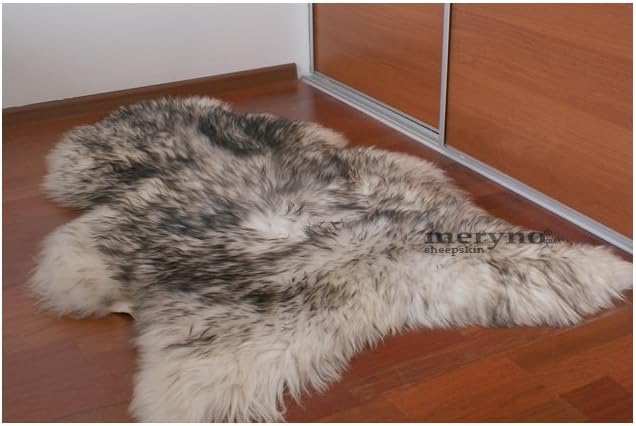 White & Black Tips Sheepskin Rug Spiced Black Mouflon Style Soft Wool Deep Pile Genuine Natural Product (Size: Large)