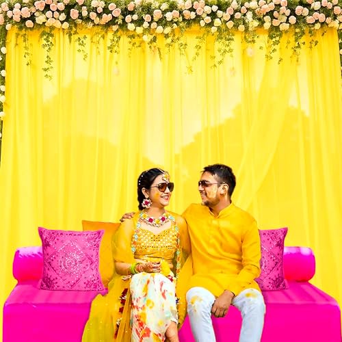 Image of Party Propz Yellow Net Backdrop for Decorations - 2 Pcs Haldi Decoration Items for Home Decor, Backdrop Cloth for Decoration Pooja, Background Decorations Cloth (Net)