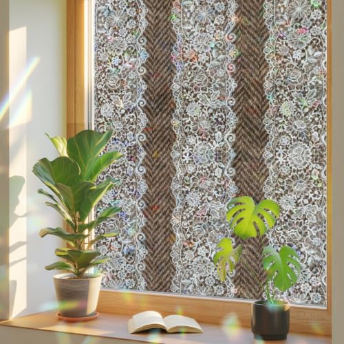 Rainbow Window Privacy Film Brown White Vintage Stain Glass Window Film for Glass Door Sticker Static Cling Heat Blocking Modern Lace Stripes Vertical Bands Sunroof Decal for Car Home 17.7"x78.7"