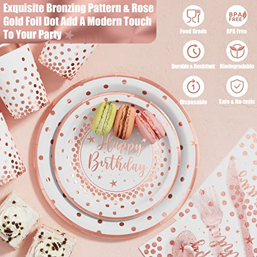 Ecomore White Rose Gold Party Supplies - 258 Pcs Girls Birthday Decorations & Disposable Dinnerware Set (Serve 25) With Happy Birthday Paper Plates Cups Napkins Banner Tablecloth Backdrop Balloons Kit #TOP5