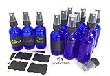 Glass Spray Bottles, 2 Oz Cobalt Blue Boston Round with Fine Mist Sprayer & Chalkboard Labels - Pack of 12