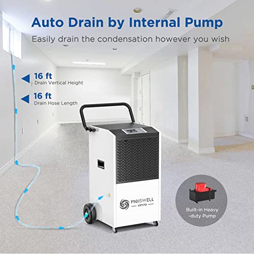 Moiswell 170 Pints Commercial Dehumidifier With Pump And Drain Hose For Basements And Large Spaces Up To 7,500 Sq Ft, 5 Years Warranty #TOP2