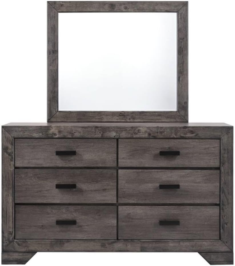BOWERY HILL Solid Wood 4-Piece King Panel Bedroom Set, Wire Brush Gray Finish, Includes Bed, Dresser with Mirror and Nightstand, Rustic Chic Style, Felt-Lined Drawers, Dust Proofing, King Size