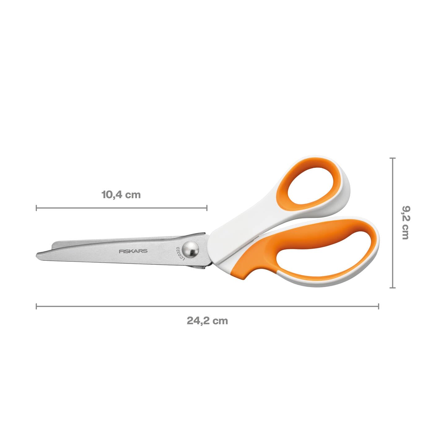 Fiskars pinking shears, length: 24.2 cm, right-handed, stainless steel blade/plastic handles, white/orange, SoftGrip, 1070024 - Image 3