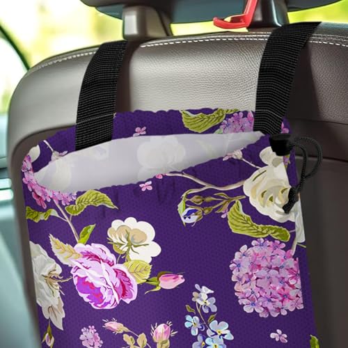 Image of Car Trash Bag Hanging Back of Seat Waterproof Small Cute Printed One-Handed Strap Drawstring Garbage Bags for Car-Purple Floral