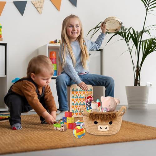 Hochland Kuh Korb aus Baumwollseil,Aufbewahrungskorb aus gewebter Baumwolle,Hochland Kuh Gewebter Aufbewahrungskorb für Spielzeug,Baumwolle Körbe Schateln für Kleinkinderzimmer