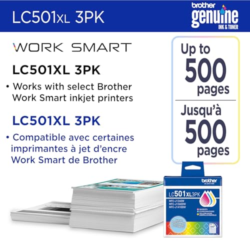 Image of Brother Genuine LC501XL3PK 3-Pack High Yield Cyan, Magenta, and Yellow Ink Cartridges (for use with Work Smart 1260, 1360, and 1410 Printers)