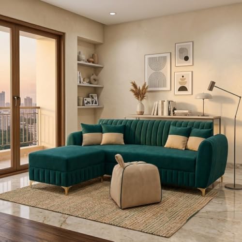 Image of CASASTYLE Signature Velour 4-Seater L-Shape Sofa Set with Movable Ottoman & Suri Pouf | Flexible LHS /RHS Layout | Boston Fabric | 40D Foam + Zigzag Spring | 3-Yr Warranty (Ocean Green, Sand Beige)