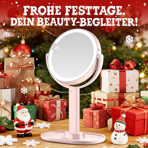 MOMOKUBA Kosmetikspiegel mit Beleuchtung, Vergrößerungsspiegel mit Licht 20fach, Kosmetikspiegel mit Vergrößerung 7", Doppelseitig 3 Farben 64 Led, Schminkspiegel mit Beleuchtung 360° Drehbar, Rosa 5