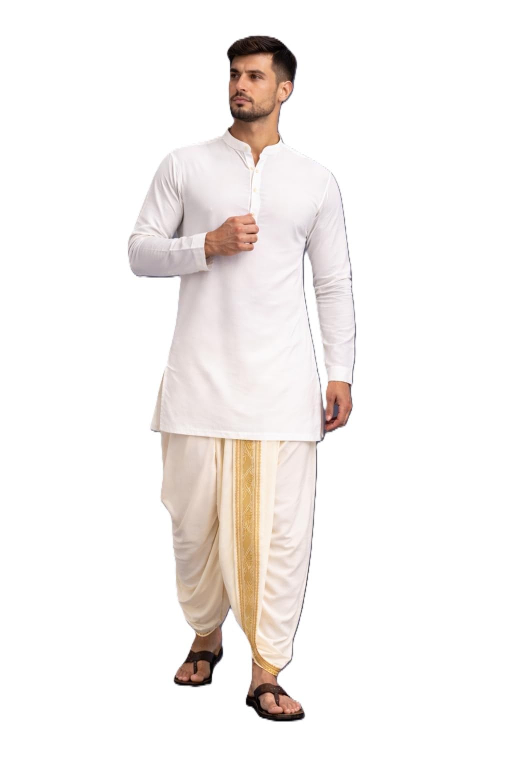 Men’s Art Silk Readymade Dhoti with Wide Golden Zari Border | Traditional Lungi Style Ethnic Wear-image-18