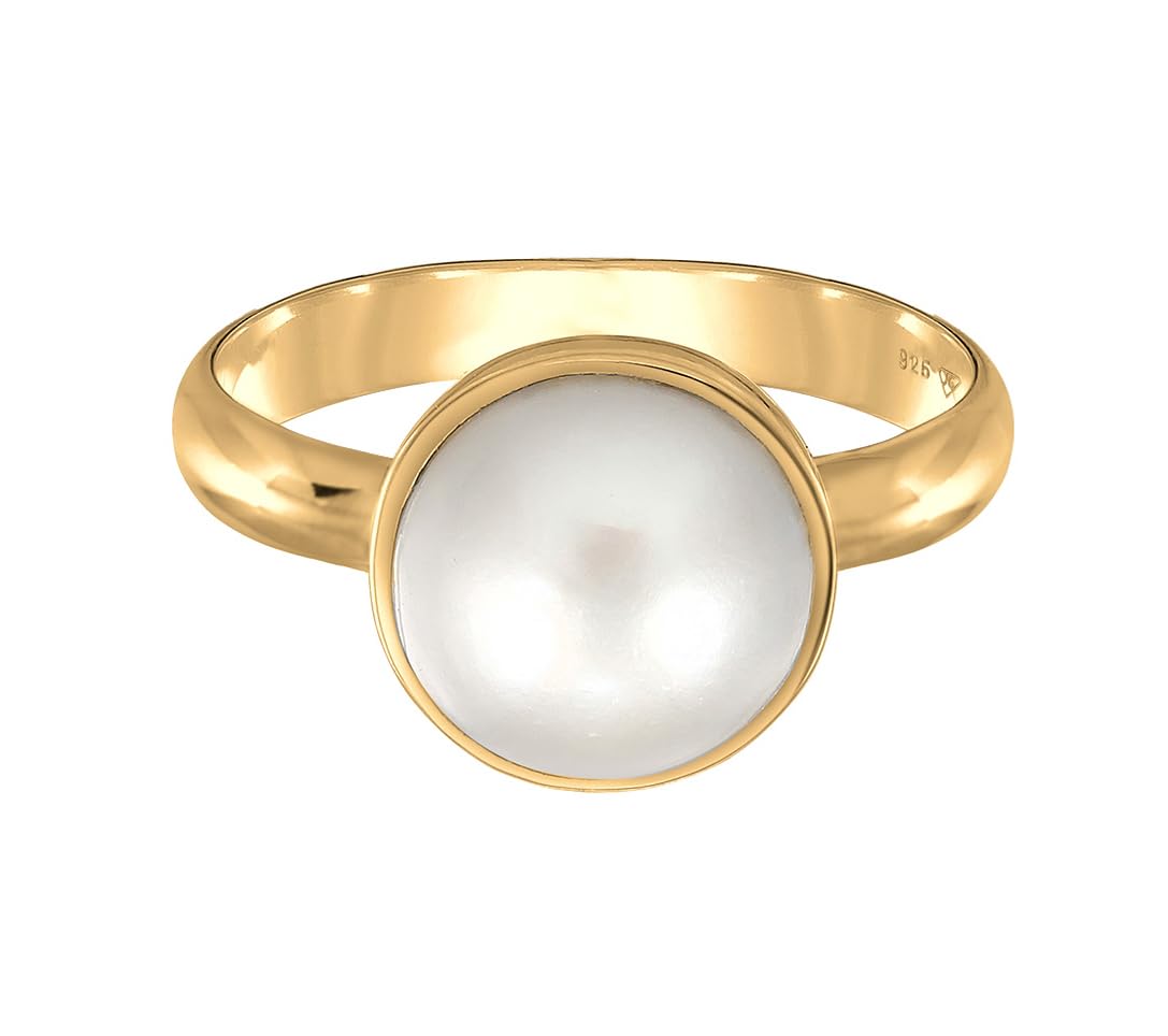 Nenalina Damen Ring Perlenring mit Mabe Perle weiß (10 mm) handgearbeitet | aus 925 Sterling Silber Silberring fürbe Gold Ringgröße 52-60