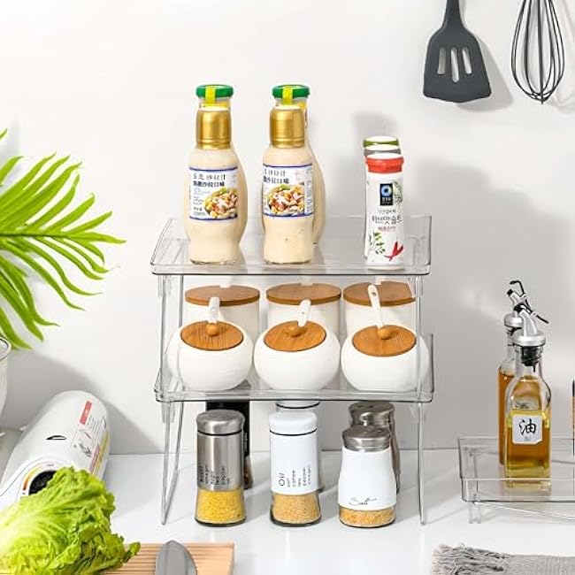 Pack of 2 Foldable Acrylic Storage Shelf Organizer Small Transparent Display Rack for Desktop Countertop Dressing Table Office Dorm Kitchen Bathroom