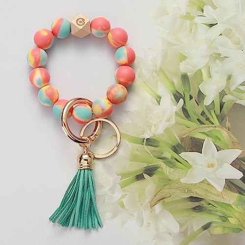Coolcos Silicone Key Ring Bracelet For Women Portable Keychain Holder, Car Keychain Elastic Beaded Wristlet With Tassel (Rainbow Colorful) #TOP5