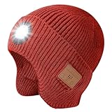 Bluetooth Beanie with Light, Built in Wireless Headphones & Stereo Speakers USB Rechargeable Bluetooth Hat Unique Tech Gifts Birthday Gifts for Men and Women (Red, Adult)