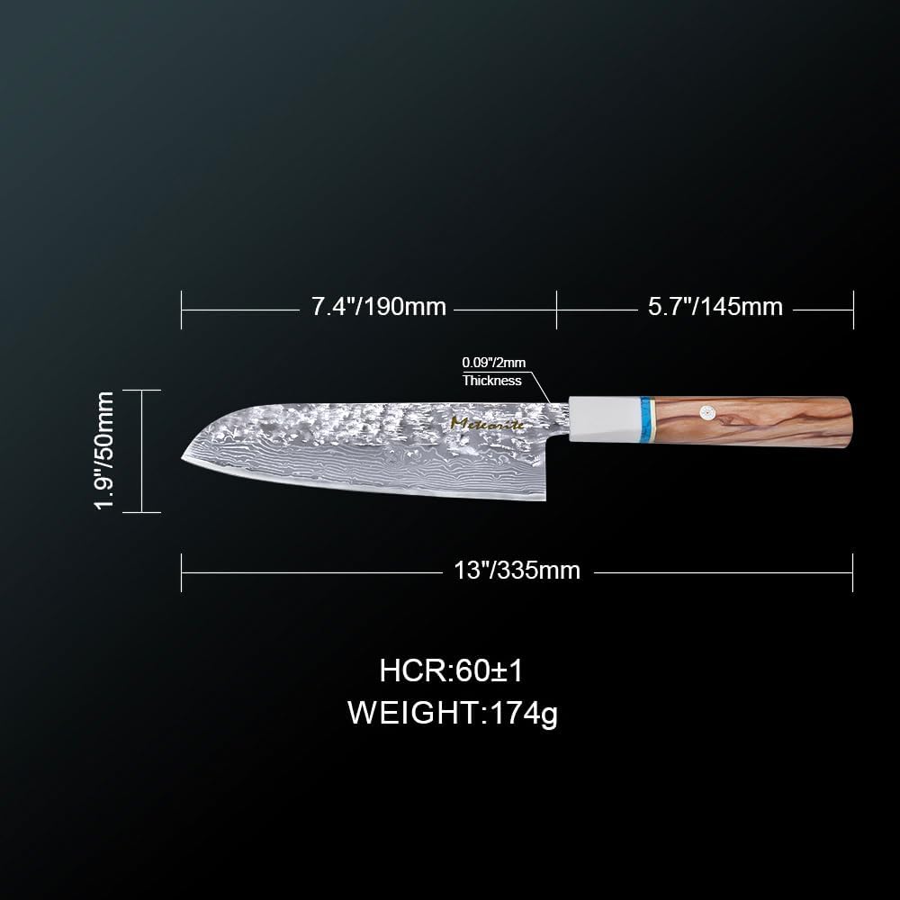 Meteorite Santoku Japanese All-Purpose Knife, For Daily Chopping Prep, Hand-Hammered Starry Damascus, Convex Grind Edge, Olive Wood Handle – Culinary Gift IceRaven 7 Inch