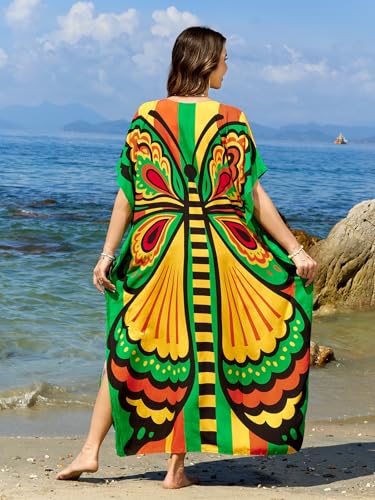 Image of sunforyou Kaftan Dresses for Women Plus Size Lightweight Swimsuit Cover up Batwing Sleeve Print Loungewear Beach Robe