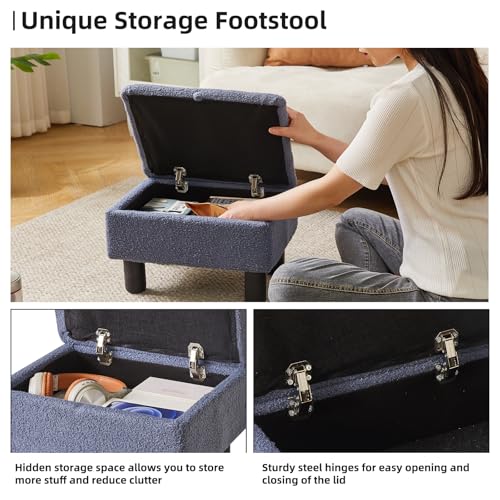 Aibiju Small Footstool Ottoman with Storage, Faux Teddy Fur Ottoman Pouffe Stool Change Shoe Footrest with Wood Legs for Living Room Bedroom, Blue Gray YD-JD136G - Image 4