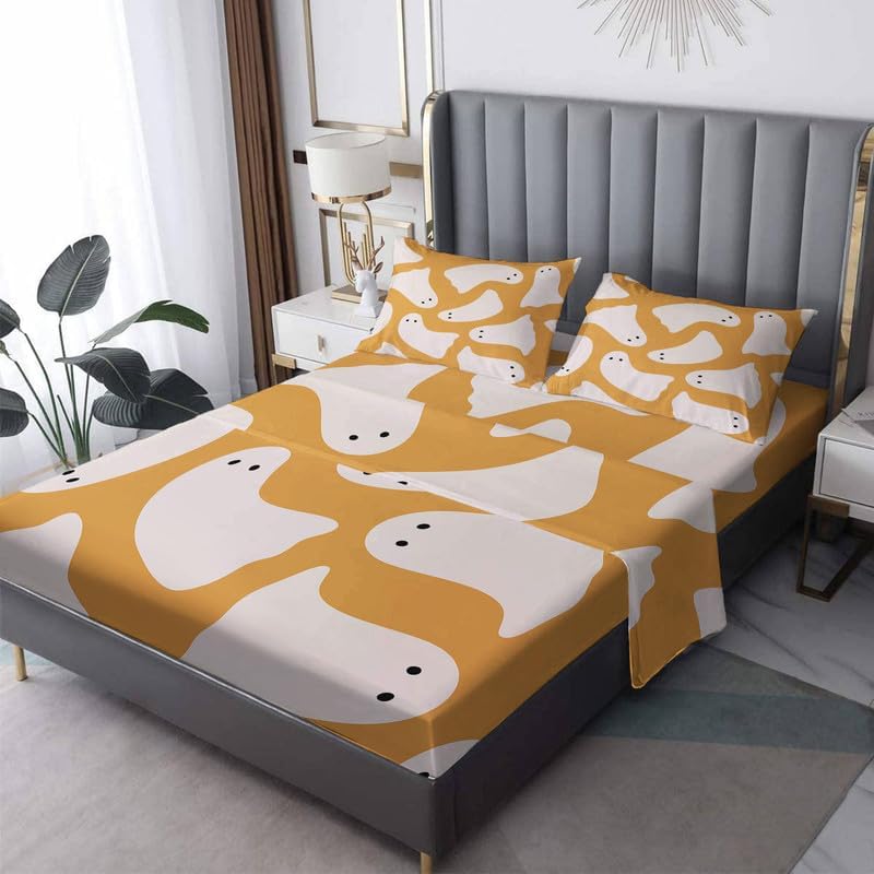 Juego de sábanas de fantasmas espeluznantes tamaño King, divertidas sábanas de Halloween para niños y niñas, microfibra suave y bolsillo profundo y