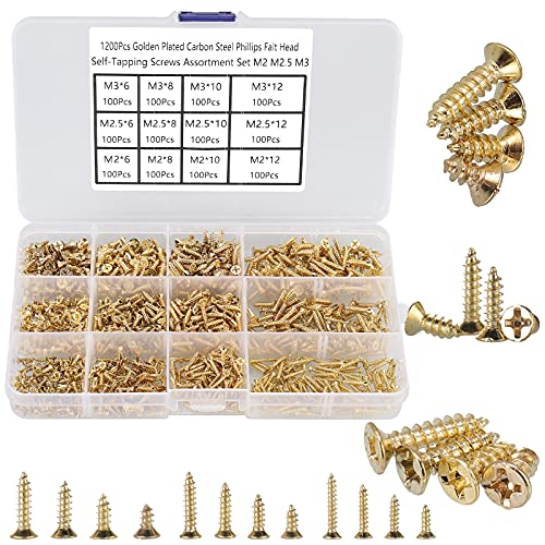 1200Pcs Tiny Phillips Flat Head Self Tapping Screws for Wood, Plastic and Soft Metal. M2 M2.5 M3 Small Countersunk Tapper Screws Set for DIY Micro Woodworking Furniture Box. Golden,Carbon Steel