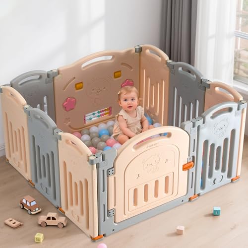 Image of UANLAUO Foldable Baby Playpen, Baby Fence with Gate NO Gaps Play Yards, Indoor & Outdoor Safety Play Pen Area, Playpens for Babies and Toddlers, Kids, Child(Grey + Cream, 10 Panel)