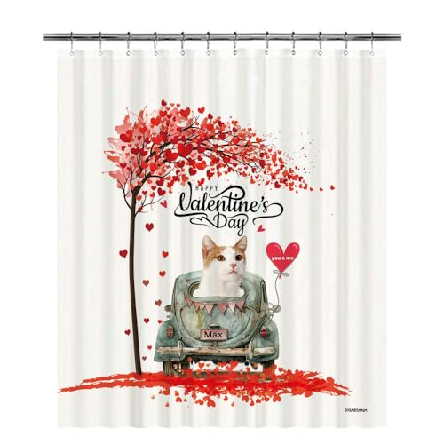 GABSHAIM Happy Valentine's Day Shower Curtain Custom Orange and White Domestic Shorthair Cat Name Shower Curtain Cute Pet in A Car with Ballon Pattern Curtains Bathroom Decor 72x80 Inches