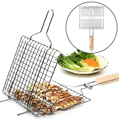Parrilla para barbacoa en acero inoxidable con mangos de madera nobles y red resistente 3